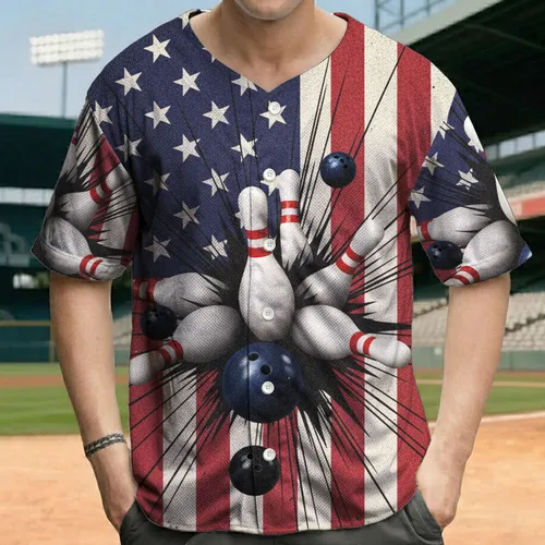 Bowling Pins American Flag - Independence Day Gift for Sports Fans Baseball Jersey