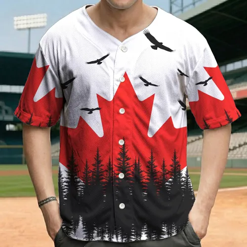Red Maple Leaf Black Forest Birds - Canadian Pride Nature Lover Gift Baseball Jersey