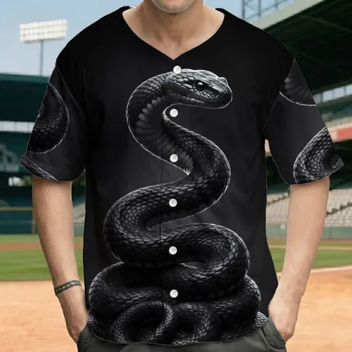 Large Muscular Black Snake S-Curve Coiled Rearing - Wildlife Lover Everyday Wear Baseball Jersey