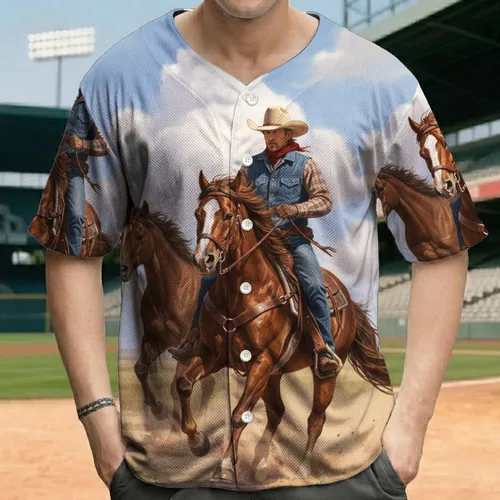 Cowboy Riding Galloping Horse Dusty Path Blue Sky - Western Lifestyle Gift for Rancher Baseball Jersey