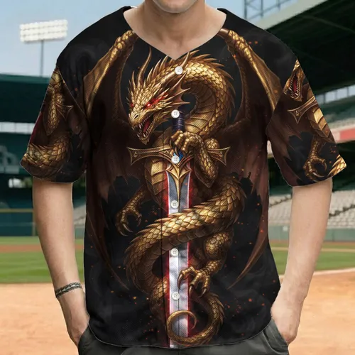 Golden Dragon Ornate Fantasy Sword Fiery Glow - Fantasy Lover Gift for Mythology Fans Baseball Jersey
