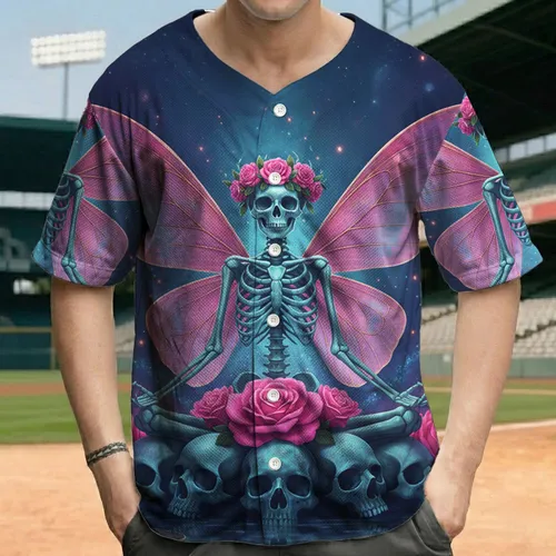 Skeletal Fairy Pink Roses Butterfly Wings Human Skulls - Mystical Fantasy Lover Gift Baseball Jersey