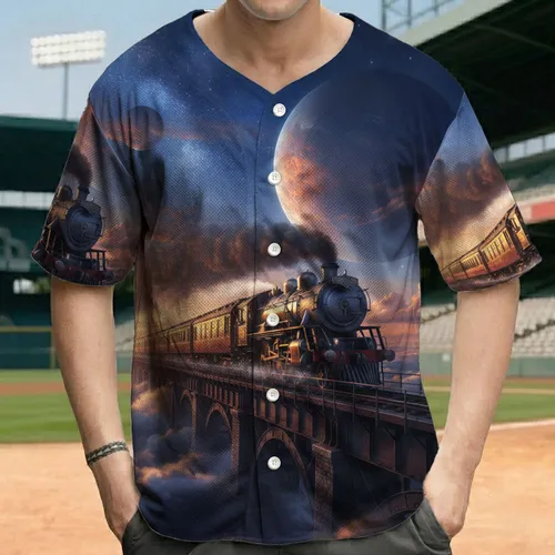 Classic Steam Train Viaduct Cosmic Planets - Train Lover History Buff Gift Baseball Jersey