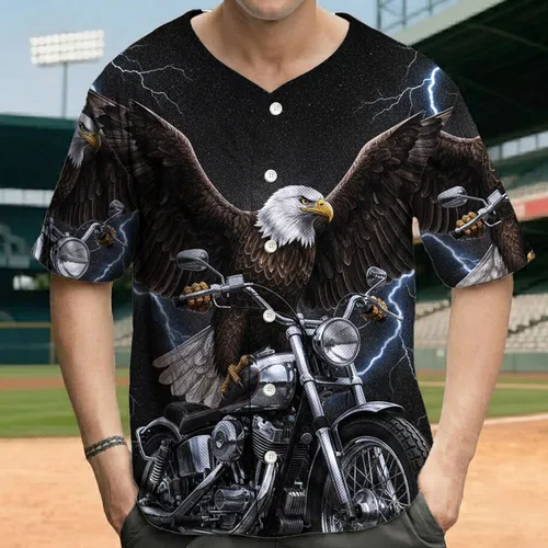 Bald Eagle Motorcycle Lightning Wildlife Enthusiast Gift for Motorcycle Rider Baseball Jersey
