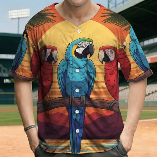 Blue and Red Macaw Tropical Sunset - Wildlife Lover Gift for Bird Lovers Baseball Jersey
