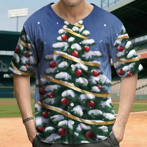 Snow-Covered Christmas Tree Festive Winter Night Squirrels - Christmas Holiday Gift Baseball Jersey