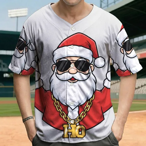 Santa Claus Red Hat Sunglasses Gold Chain Rock On - Christmas Holiday Party Baseball Jersey