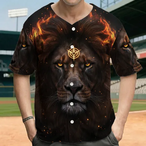 Majestic Dark-Maned Lion Head Glowing Eyes Golden Symbol Fire Mane - Wildlife Lover Gift Baseball Jersey