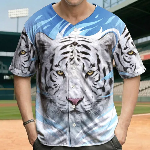 White Tiger Head Black Stripes Golden Eyes Royal Blue Field Wildlife Lover Gift Baseball Jersey