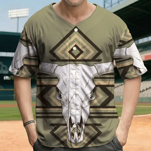 Bovine Skull Curved Horns Southwestern Geometric Patterns - Southwestern Lifestyle Gift Baseball Jersey