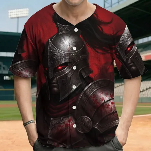 Ornate Weathered Armored Warrior Glowing Red Eyes Helmet - Dark Fantasy Lover Gift Baseball Jersey