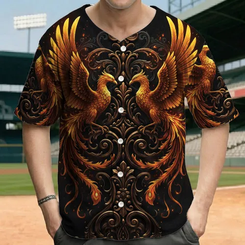 Golden Phoenixes Fiery Baroque Scrollwork - Mythical Gift for Lovers Baseball Jersey