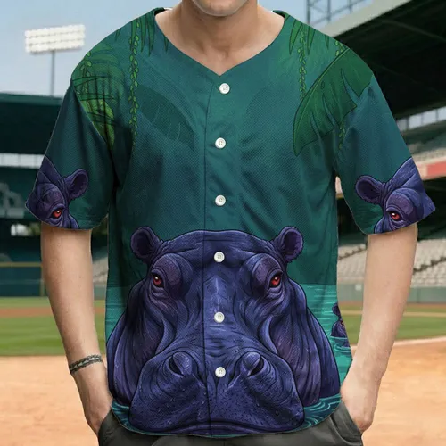 Powerful Red-Eyed Hippopotamus Tropical Jungle River Scene - Wildlife Lover Gift Baseball Jersey