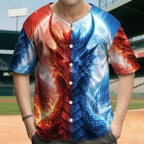 Fiery Red Icy Blue Dragon Moon Fire Sky Starry Night - Fantasy Lover Gift for Dragon Fans Baseball Jersey