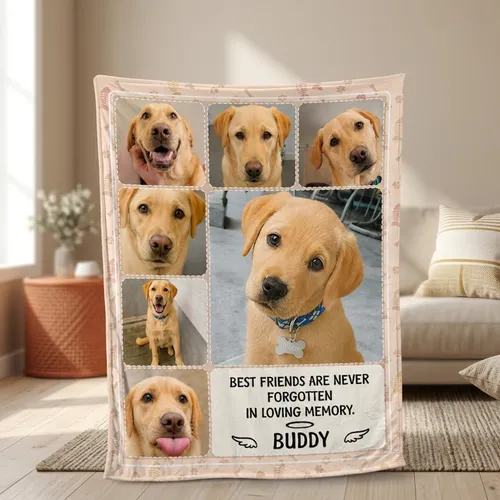 Custom Pet Memorial Photo Blanket, Personalized Dog Cat Remembrance Fleece Throw