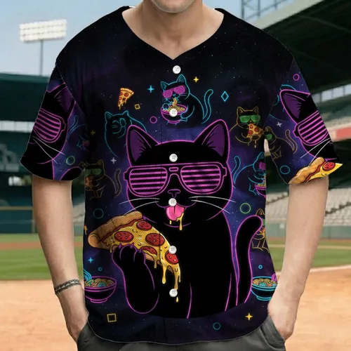 Black Cat Retro Shades Pepperoni Pizza Neon Cats Ramen Cosmic Night - Cat Lover Gift Baseball Jersey