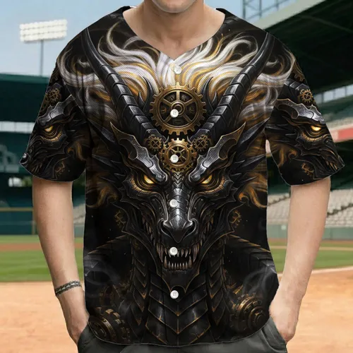 Majestic Black Gold Mechanical Dragon Head Steampunk Gear - Dragon Lover Gift Baseball Jersey