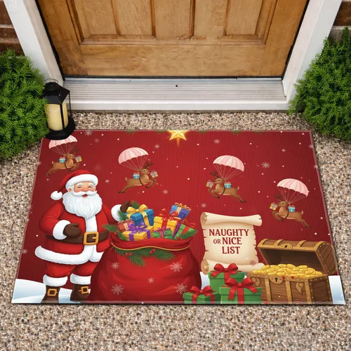Santa Claus Reindeer Presents Gold Coins Naughty List - Christmas Holiday Decor Gift Doormat