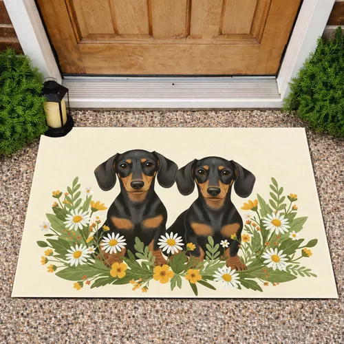 Black Tan Dachshunds Wildflower Daisy - Dog Lover Home Decor Gift Doormat