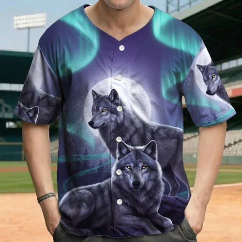 Wolves Glowing Eyes Aurora Borealis Full Moon Pine Silhouettes - Wildlife Lover Gift Baseball Jersey