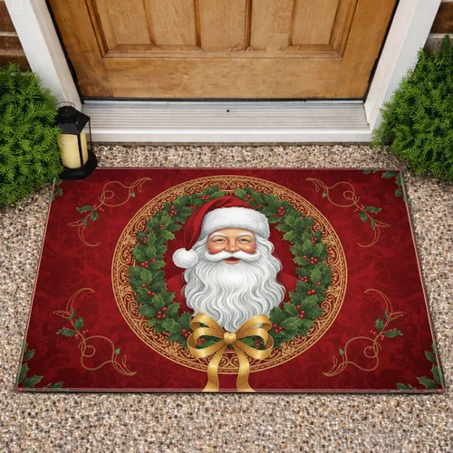 Santa Claus Holly Wreath Golden Filigree Crimson Velvet - Christmas Holiday Home Gift Doormat