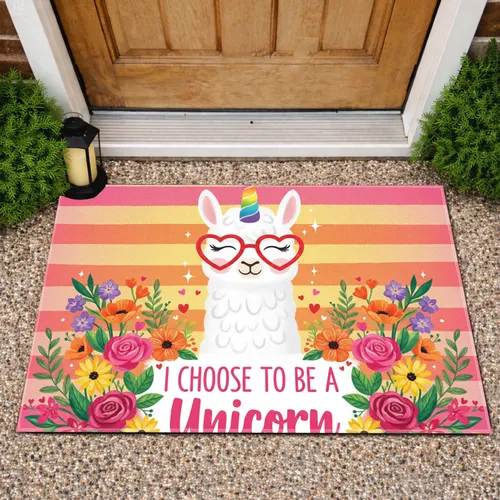 Llama Unicorn Hearts Floral Stripes - Home Decor Gift for Unicorn Lover Doormat