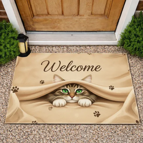 Tabby Cat Welcome Emerald Eyes Paw Print - Home Decor Gift for Cat Lovers Doormat