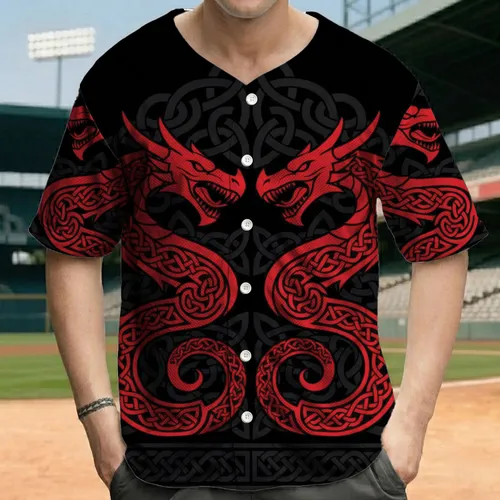 Red Dragon Heads Celtic Knotwork - Tribal Fantasy Statement Wear for Fantasy Lovers Baseball Jersey