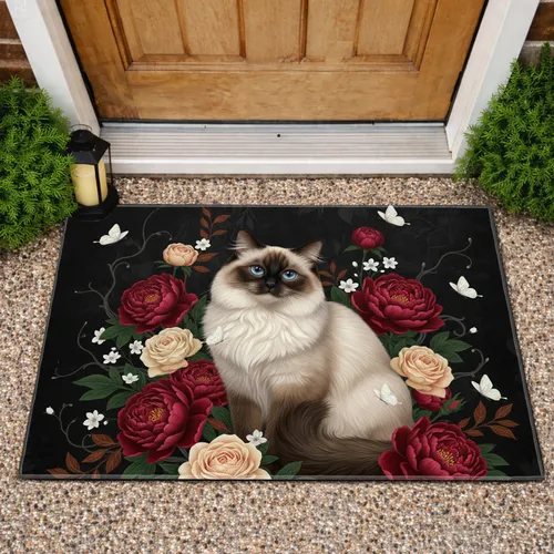 Sapphire Eyed Cat Peony Rose Blossoms - Home Decor Gift for Cat Lover Doormat