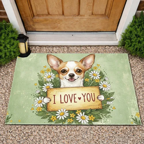 Chihuahua Dog I LOVE YOU Sign Daisy Meadow - Everyday Home Decor Gift for Pet Lovers Doormat
