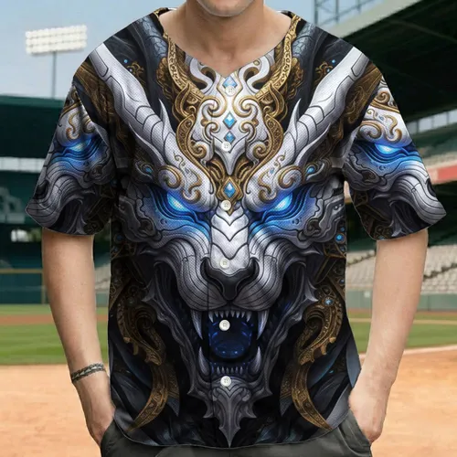 Futuristic Mythological Armored Dragon Head Electric Blue Eyes - Fantasy Lover Gift Baseball Jersey