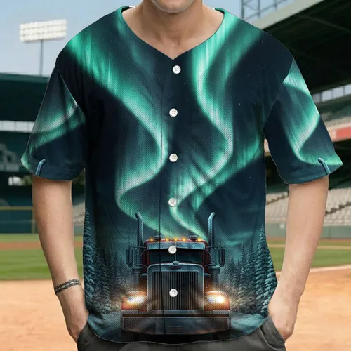 Semi-Truck Winter Night Aurora Forest - Trucker Lover Gift Baseball Jersey