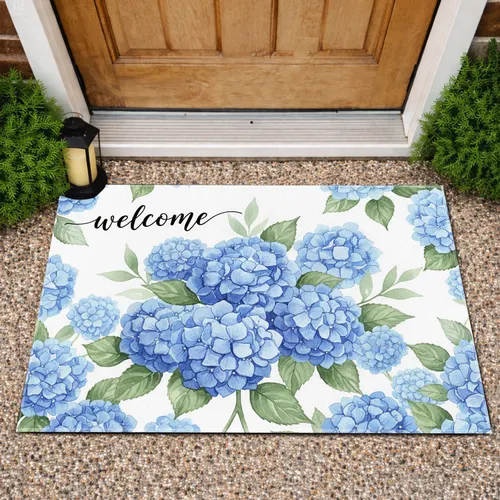 Welcome Blue Hydrangea Floral - Home Decor Gift for Garden Lover Doormat