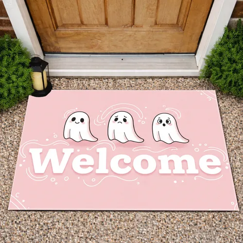 Pastel Pink Floating Sheet Ghosts Welcome - Everyday Entryway Home Decor Housewarming Gift Doormat