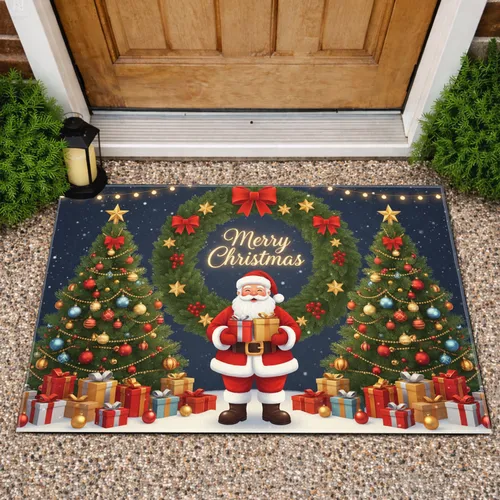 Jovial Santa Claus Christmas Wreath Gifts Trees Fairy Lights - Holiday Decor Doormat