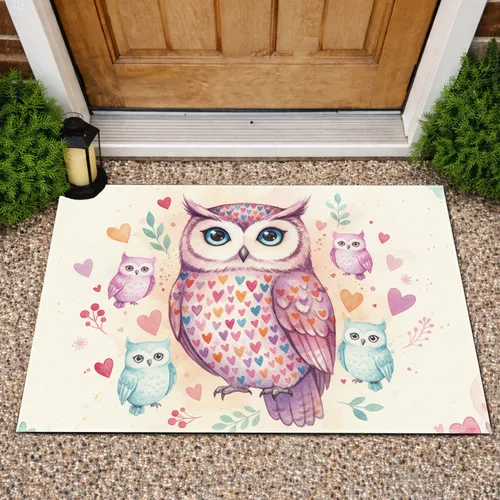 Large Owl Colorful Hearts Small Owls Botanical - Home Decor Gift for Owl Lover Doormat