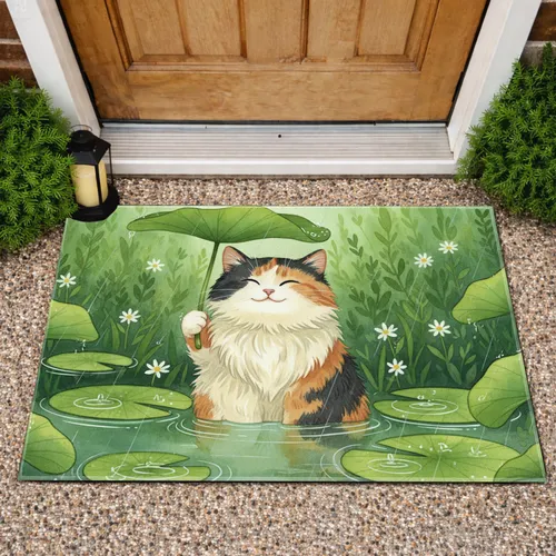 Fluffy Calico Cat Leaf Umbrella Puddles Wildflowers - Nature Lover Home Decor Gift Doormat