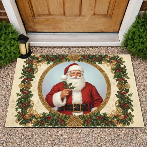 Santa Claus Holly Berries Gold Frame - Christmas Holiday Decor Gift Doormat
