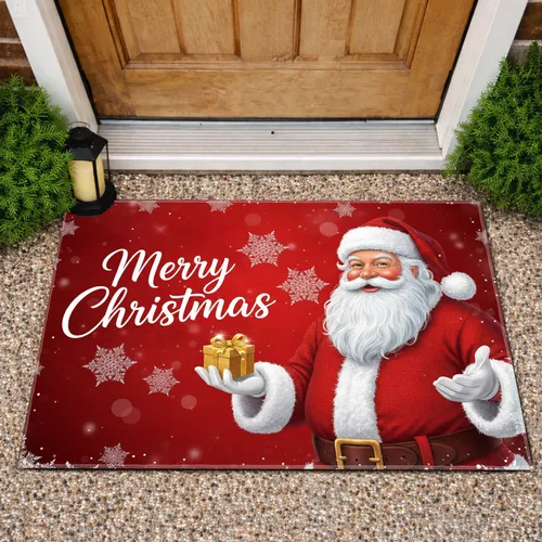 Santa Claus Golden Gift Merry Christmas Snowflakes - Christmas Holiday Decor Doormat