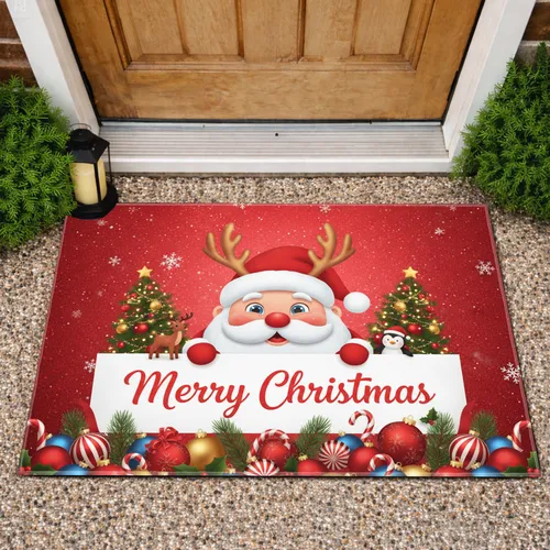 Plump Santa Antlers Merry Christmas Banner Snowflakes Trees - Holiday Entryway Decor Doormat