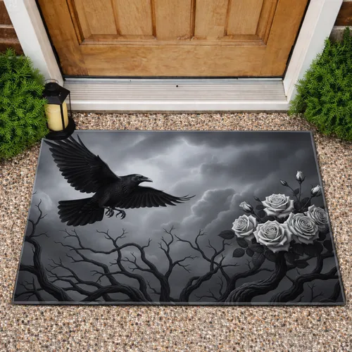 Black Crow White Roses Gnarled Branches - Gothic Home Decor Gift for Crow Lover Doormat