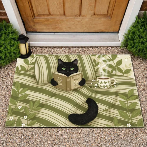 Black Cat Reading Book Quilt Botanical Mug Wildflowers - Home Decor Gift for Cat & Book Lover Doormat