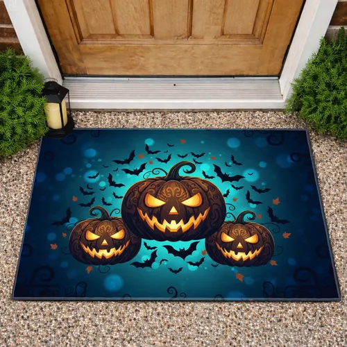 Jack-o'-lantern Bats Spooky Forest Scene - Vibrant Halloween Home Decor Doormat