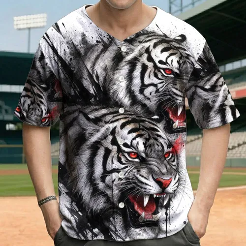 Two Mid-Snarl Tiger Faces Red Noses Ink Splatters - Wildlife Lover Gift Baseball Jersey