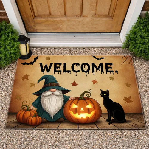 Gnome Witch Hat Jack-o'-Lantern Black Cat Welcome Bats Spiderweb - Halloween Party Decor Doormat