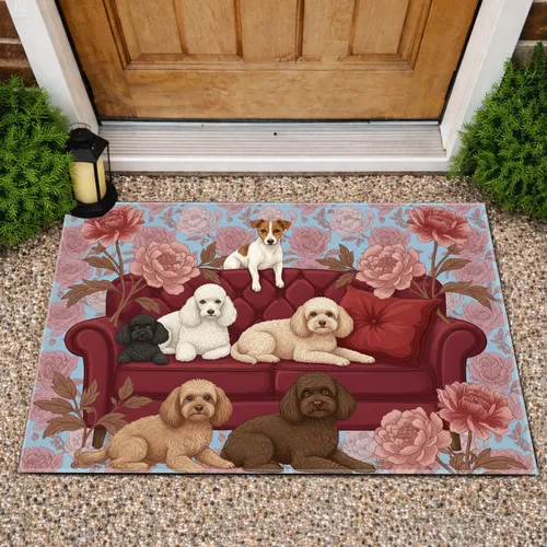 Six Dogs Jack Russell Poodles Red Sofa Peony Floral - Home Decor Gift for Dog Lover Doormat