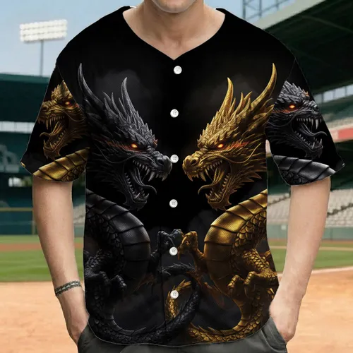 Scaled Dragon Heads Confrontation Gold Black - Mythical Creature Collector Gift Baseball Jersey
