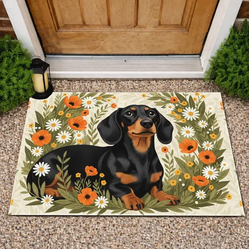 Black Dachshund Dog White Daisy Orange Poppy Blooms - Everyday Home Decor Gift for Dog Owners Doormat