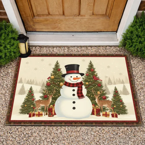 Smiling Snowman Evergreen Trees Red Cardinal - Festive Christmas Holiday Decor Doormat