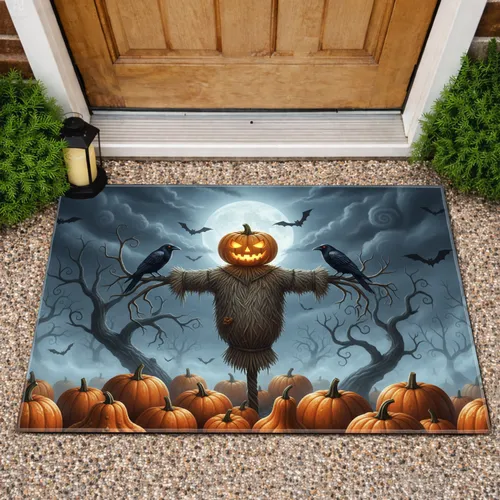 Scarecrow Jack-o'-Lantern Crows Full Moon - Spooky Halloween Home Decor Doormat
